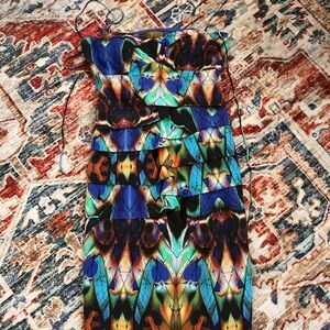 Nicole Miller Silk Strapless Dress with Blue and Orange Pattern
